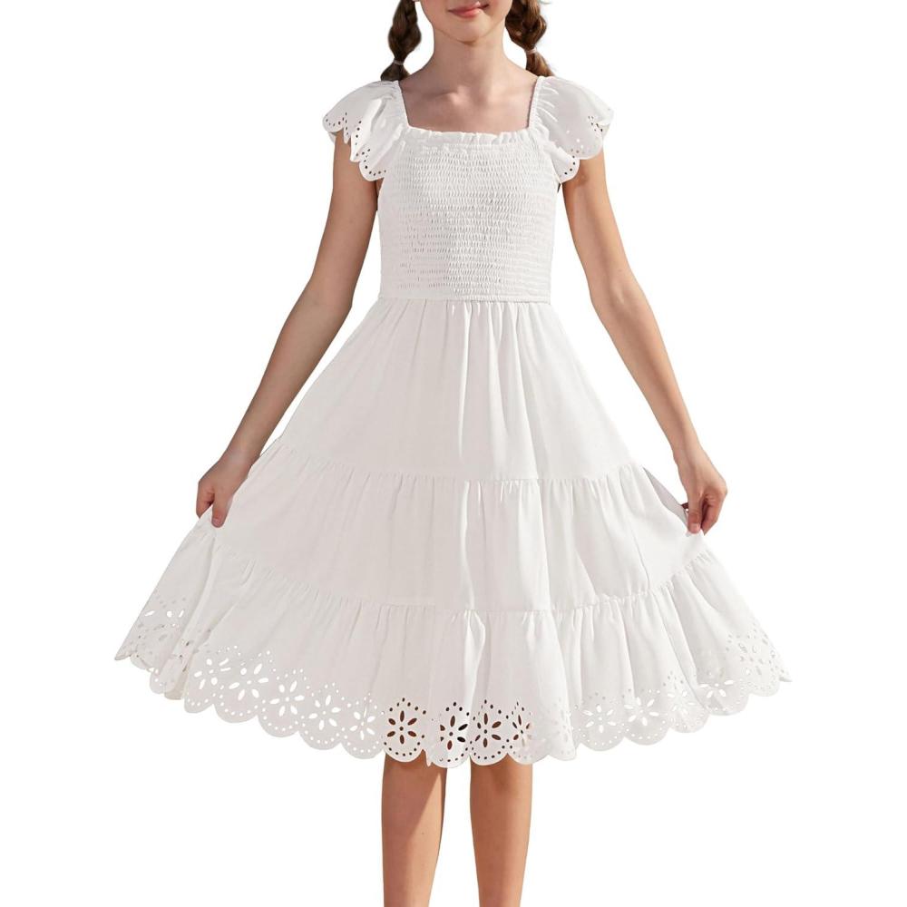 imageGRACE KARIN Girls Dress Flutter Sleeve ALine Sundress Summer Casual Party Midi Dresses for 512 Years KidsWhite