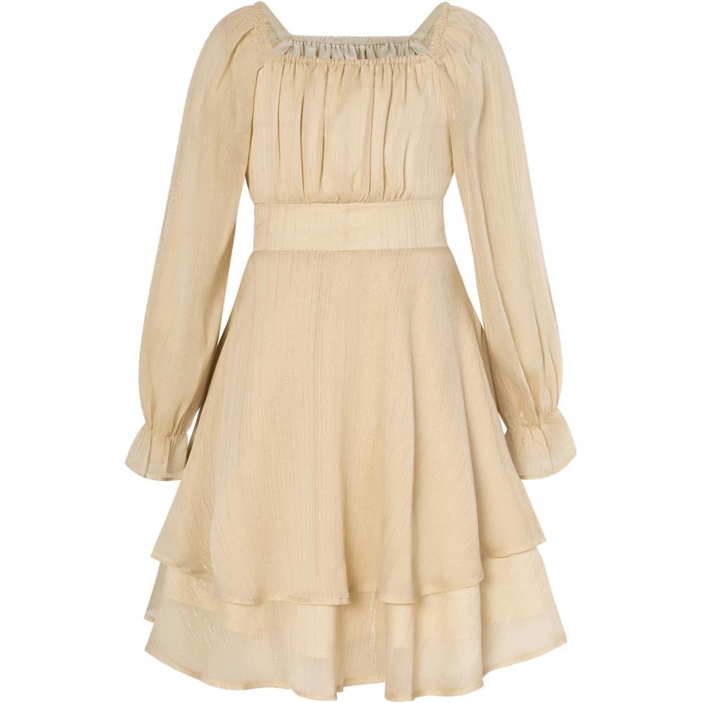 imageGRACE KARIN Girls Fall Dress Long Sleeve Casual Dresses Square Neck Ruffle Tiered Layer Aline Dress 512YApricot