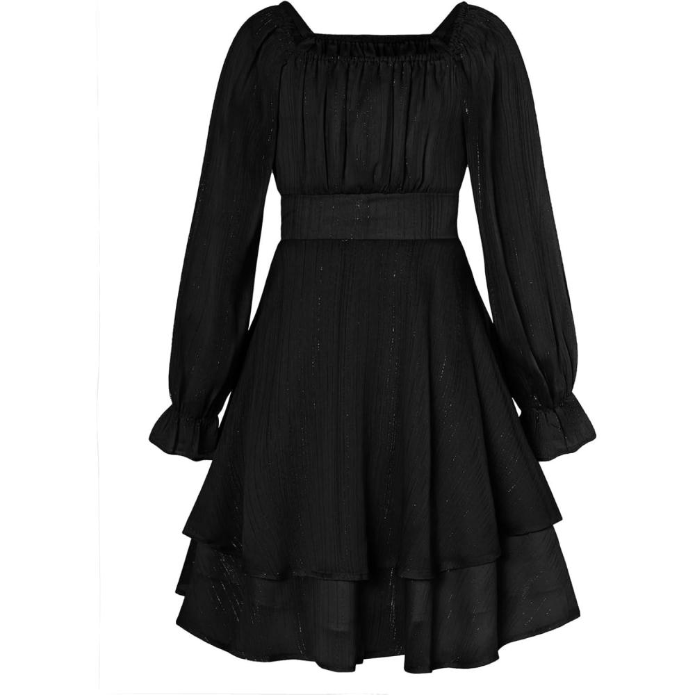 imageGRACE KARIN Girls Fall Dress Long Sleeve Casual Dresses Square Neck Ruffle Tiered Layer Aline Dress 512YBlack