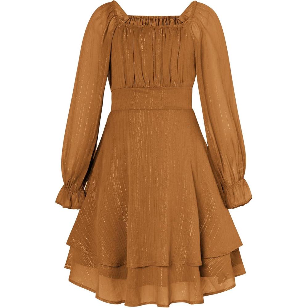 imageGRACE KARIN Girls Fall Dress Long Sleeve Casual Dresses Square Neck Ruffle Tiered Layer Aline Dress 512YBrown