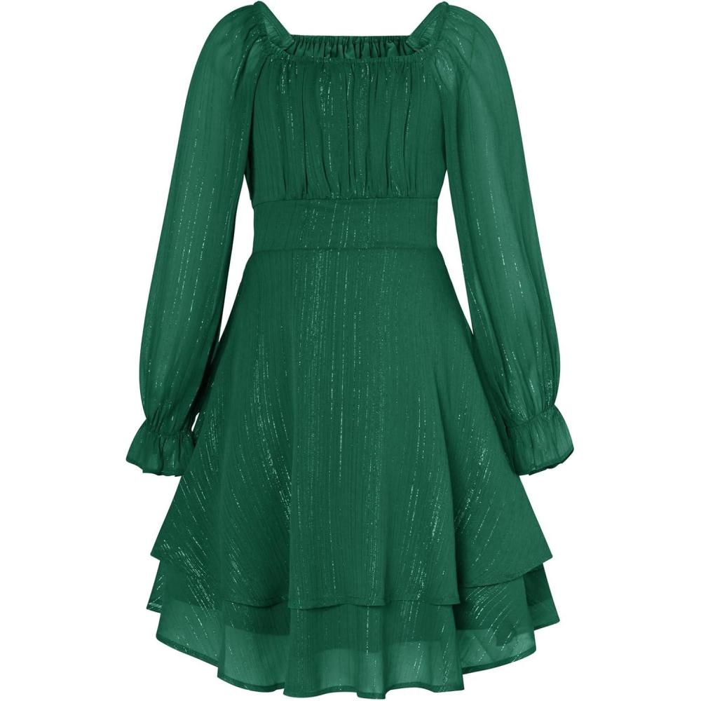 imageGRACE KARIN Girls Fall Dress Long Sleeve Casual Dresses Square Neck Ruffle Tiered Layer Aline Dress 512YGreen