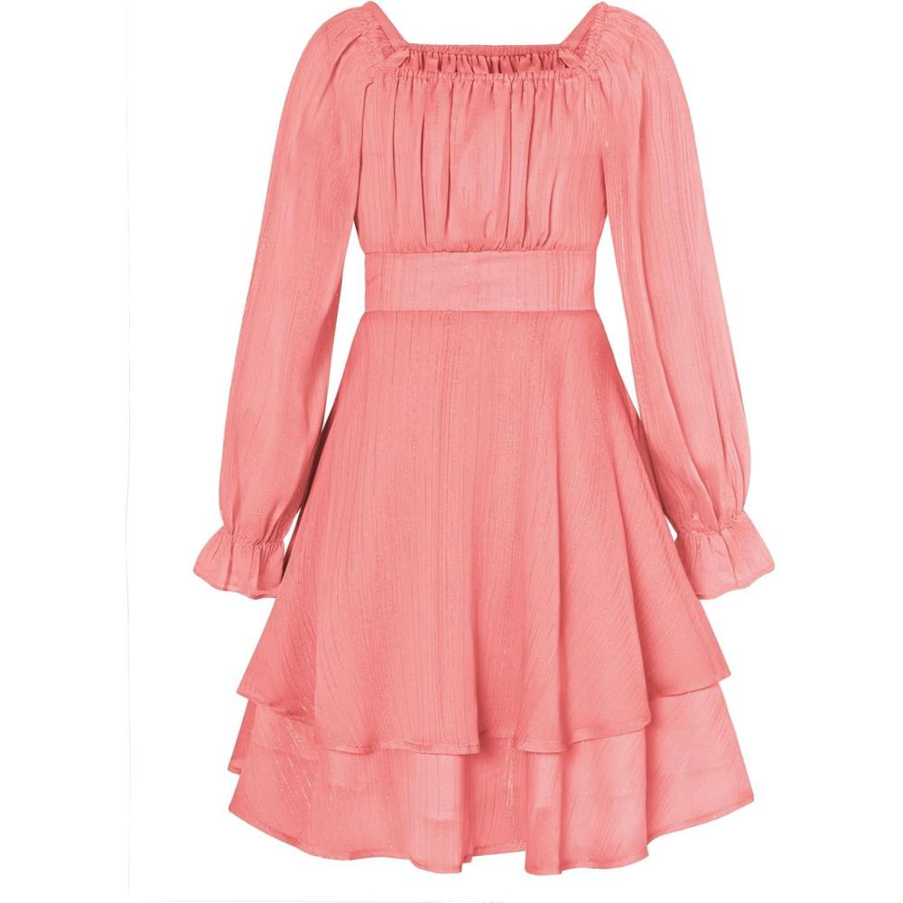 imageGRACE KARIN Girls Fall Dress Long Sleeve Casual Dresses Square Neck Ruffle Tiered Layer Aline Dress 512YMuted Pink