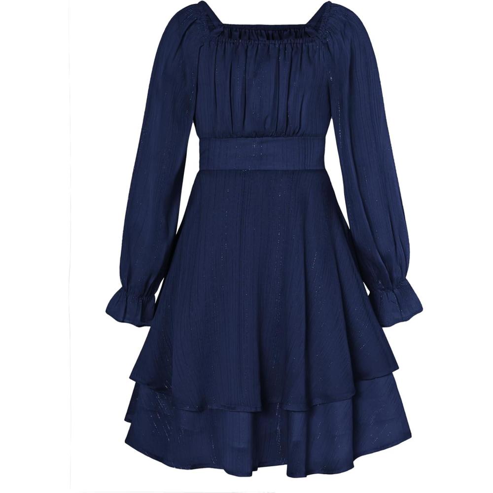 imageGRACE KARIN Girls Fall Dress Long Sleeve Casual Dresses Square Neck Ruffle Tiered Layer Aline Dress 512YNavy Blue