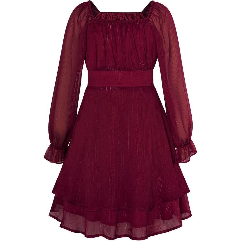 imageGRACE KARIN Girls Fall Dress Long Sleeve Casual Dresses Square Neck Ruffle Tiered Layer Aline Dress 512YWine Red