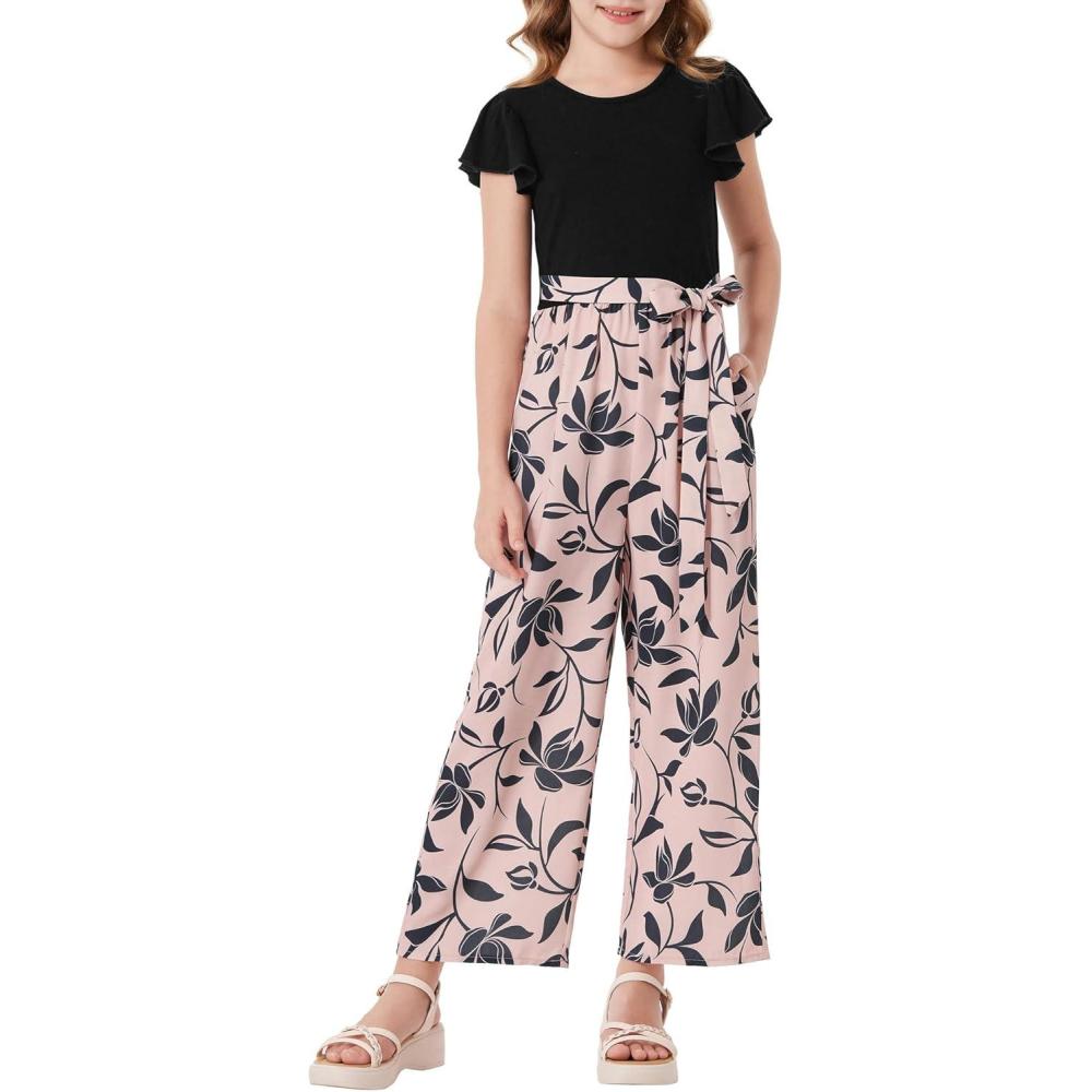 imageGRACE KARIN Girls Floral Jumpsuit Kids Flutter Sleeve Belted Wide Leg Romper One Piece Summer OutfitsBlack