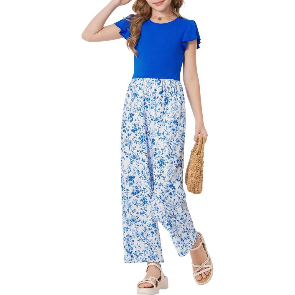 imageGRACE KARIN Girls Floral Jumpsuit Kids Flutter Sleeve Belted Wide Leg Romper One Piece Summer OutfitsBlue