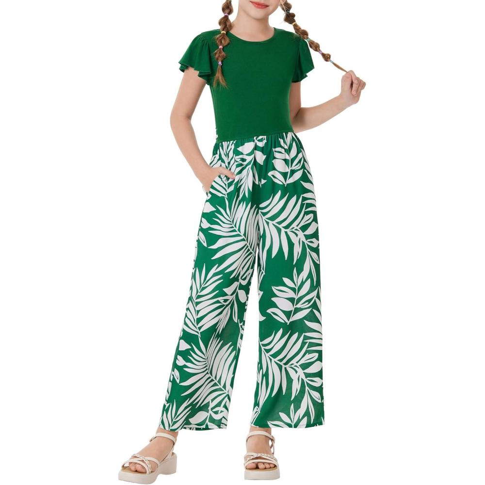 imageGRACE KARIN Girls Floral Jumpsuit Kids Flutter Sleeve Belted Wide Leg Romper One Piece Summer OutfitsGreen