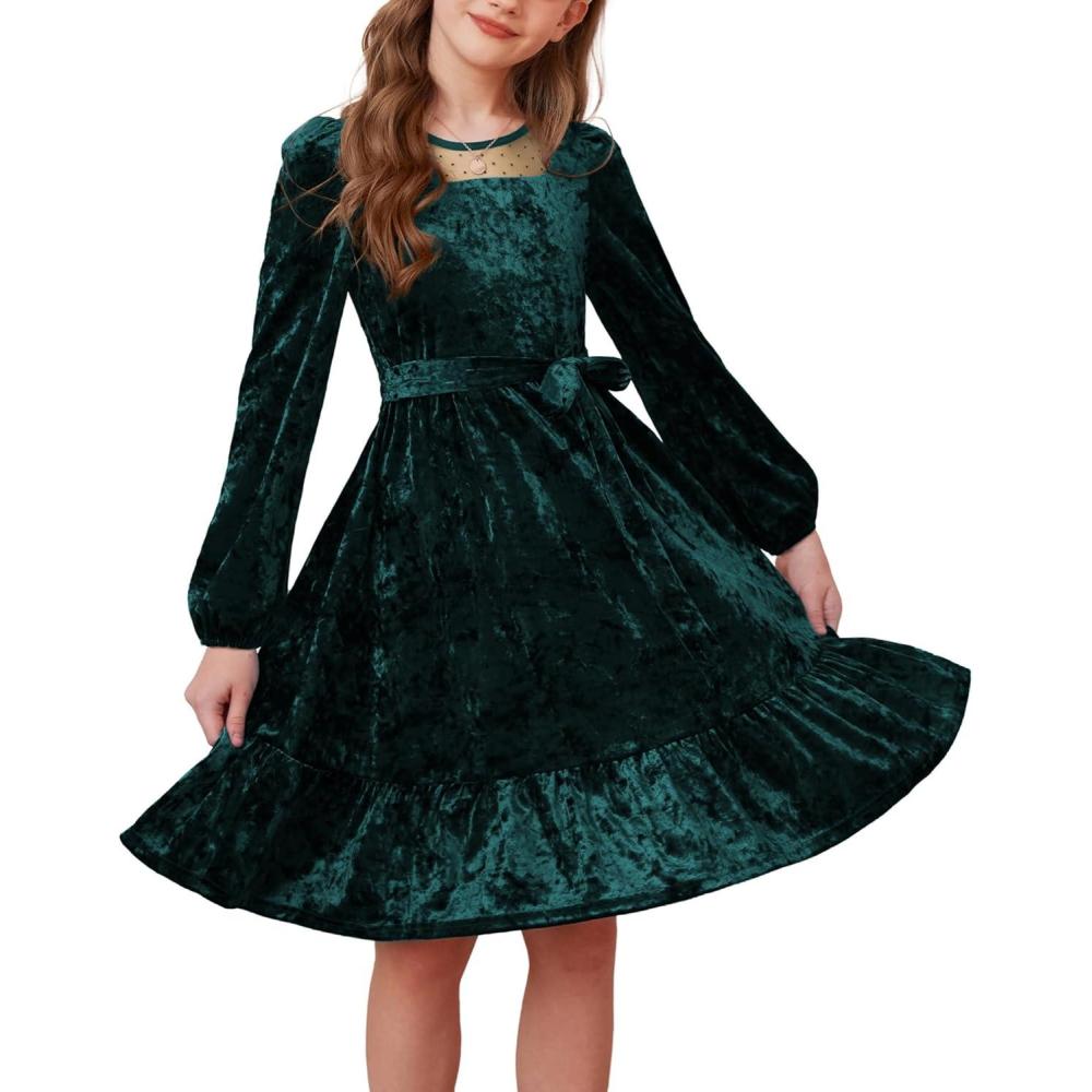 imageGRACE KARIN Girls Long Sleeve Holiday Dress Little Girl Velvet Winter Dress Kids Fall Formal Party Dresses Size 612Green