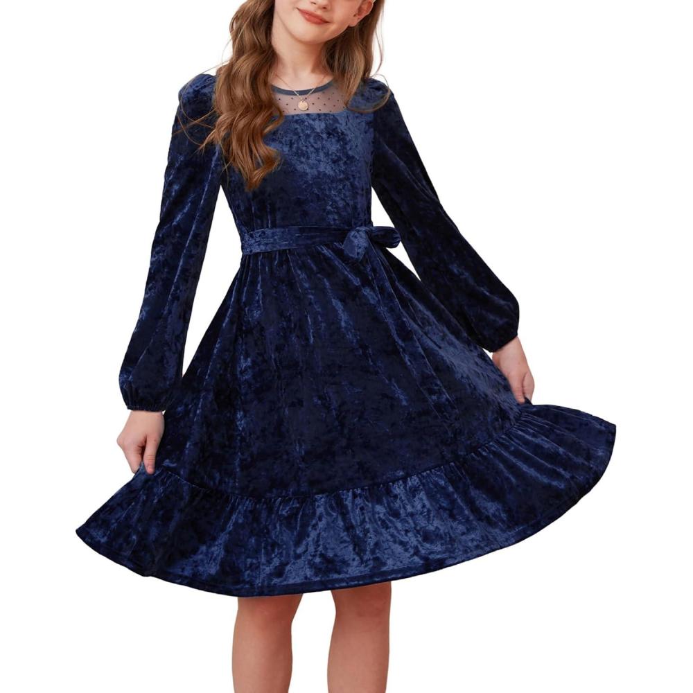 imageGRACE KARIN Girls Long Sleeve Holiday Dress Little Girl Velvet Winter Dress Kids Fall Formal Party Dresses Size 612Navy Blue