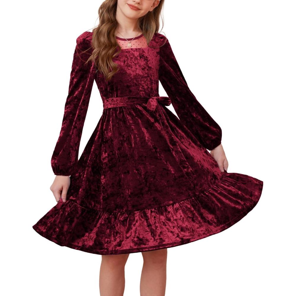 imageGRACE KARIN Girls Long Sleeve Holiday Dress Little Girl Velvet Winter Dress Kids Fall Formal Party Dresses Size 612Red