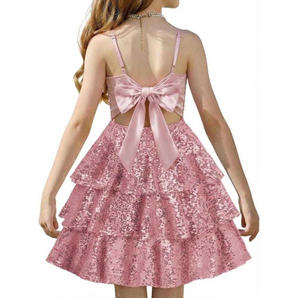 imageGRACE KARIN Girls Sequin Formal Dresses Kids Party Special Occasion Fancy Dress Tie Back 3 Layer Prom Graduation OutfitsLight Pink
