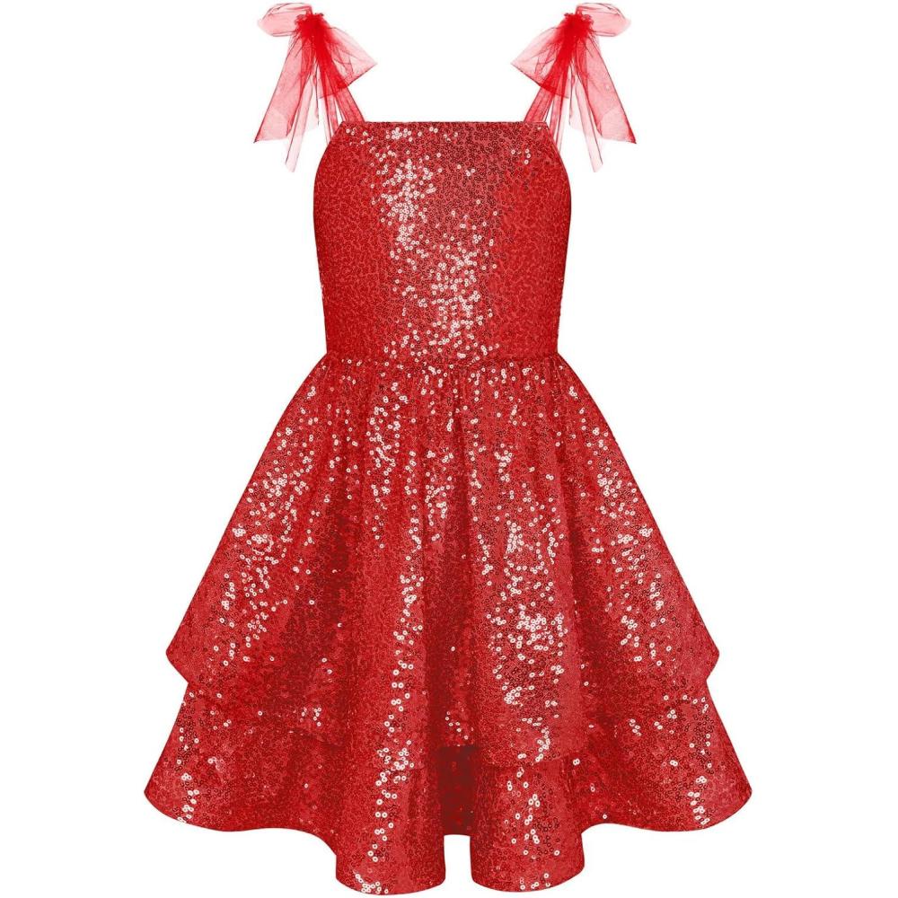 imageGRACE KARIN Gold Girls Sequin Dress Sparkly Girl Fancy Daughter Dance Mini Dresses Kids Birthday Wedding Formal PartyRed