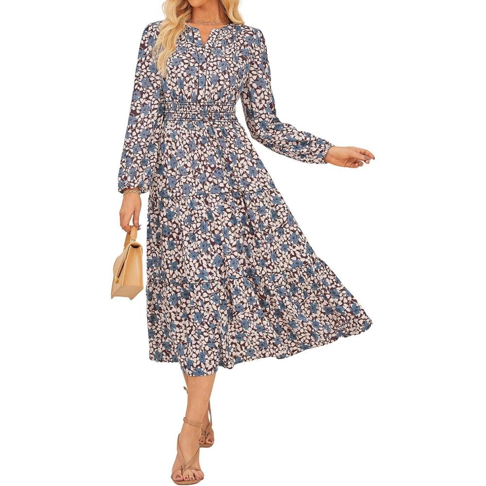 imageGRACE KARIN Long Sleeve Dress for Women 2026 Spring Wedding Guest Dress Floral Boho A Line Flowy Maxi Dresses with PocketsRed Blue Floral
