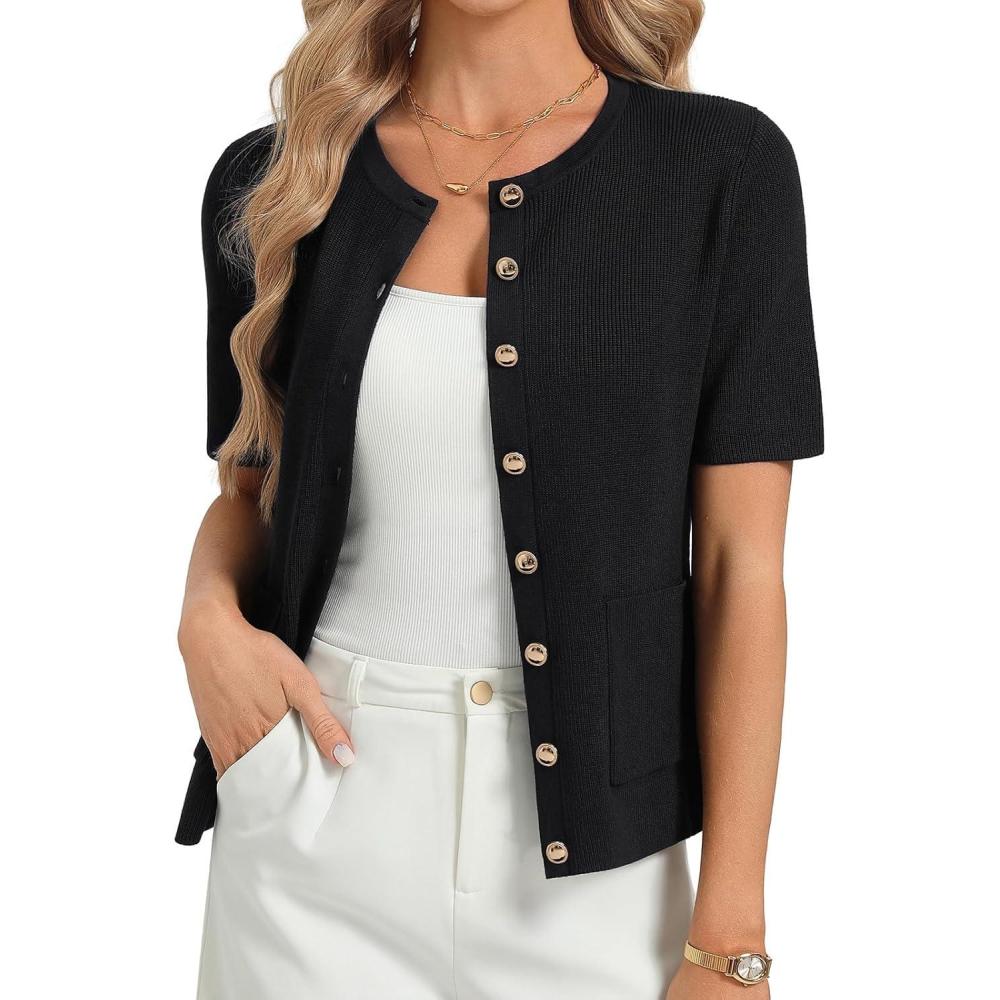 imageGRACE KARIN Short Sleeve Cardigans for Women Lightweight Spring Cardigans 2026 Button Up Sweaters with PocketsBlack