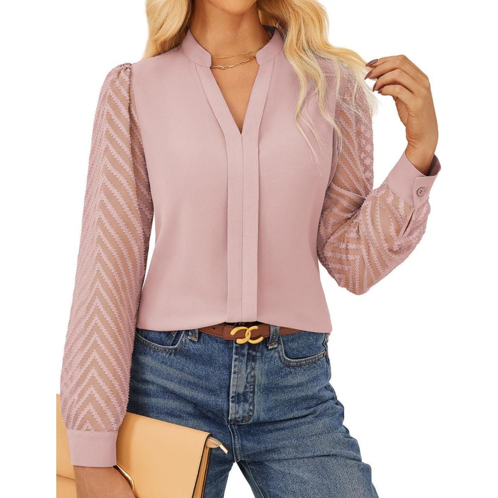 imageGRACE KARIN Women Business Casual Tops Sheer Lace Long Sleeve Blouses Work Office Pleated V Neck Shirt Fall Formal OutfitsPink