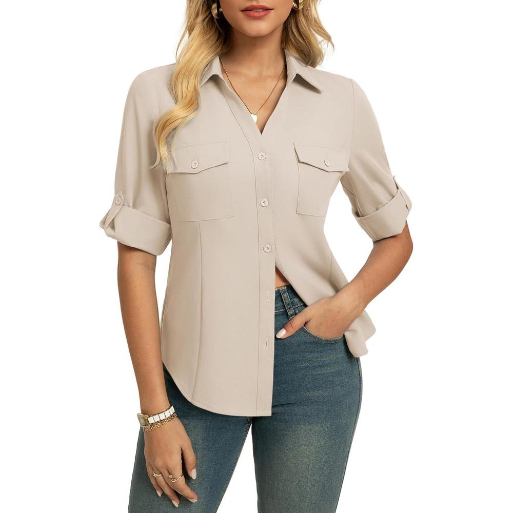 imageGRACE KARIN Women Button Down Business Shirts Spring Trendy Collared V Neck 34 Sleeve Tops Wrinkle Free Dressy Work BlouseApricot