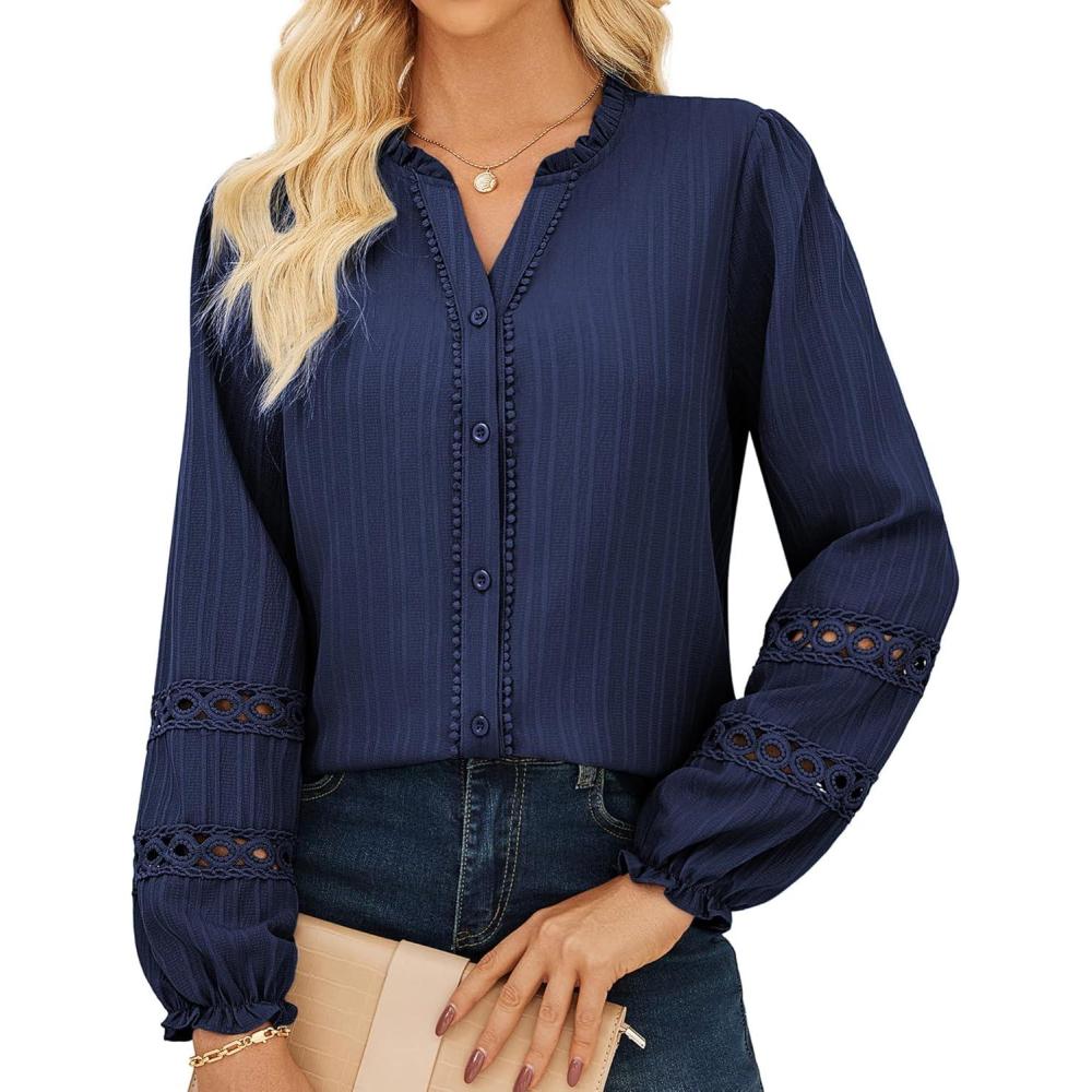 imageGRACE KARIN Women Dressy Casual TopsLong Sleeve Button Down Ruffle BlouseWork V Neck Shirt Summer Spring Business OutfitNavy Blue