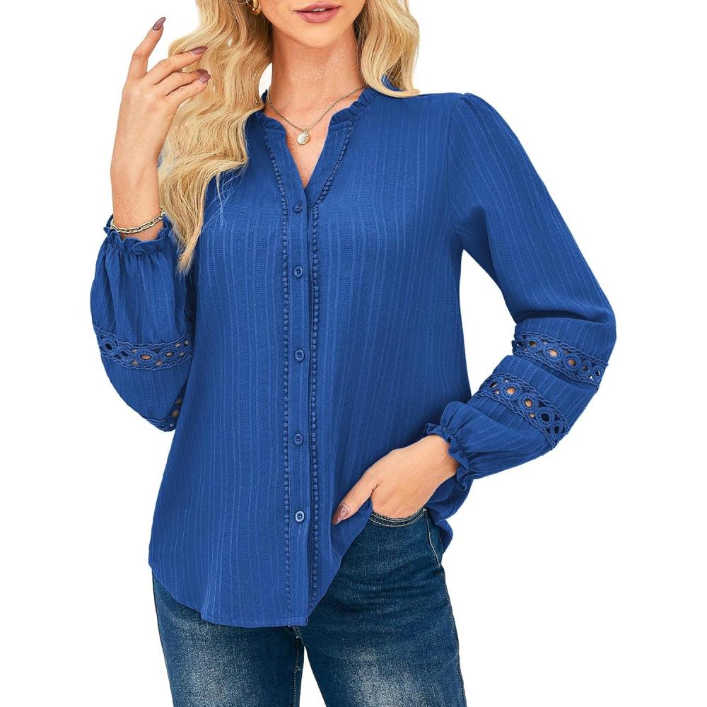 imageGRACE KARIN Women Dressy Casual TopsLong Sleeve Button Down Ruffle BlouseWork V Neck Shirt Summer Spring Business OutfitRoyal Blue
