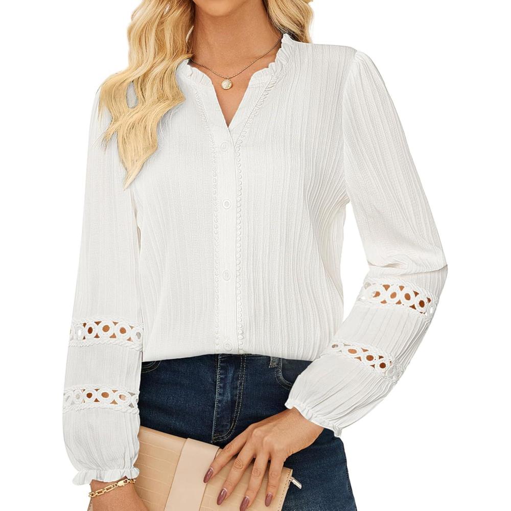 imageGRACE KARIN Women Dressy Casual TopsLong Sleeve Button Down Ruffle BlouseWork V Neck Shirt Summer Spring Business OutfitWhite