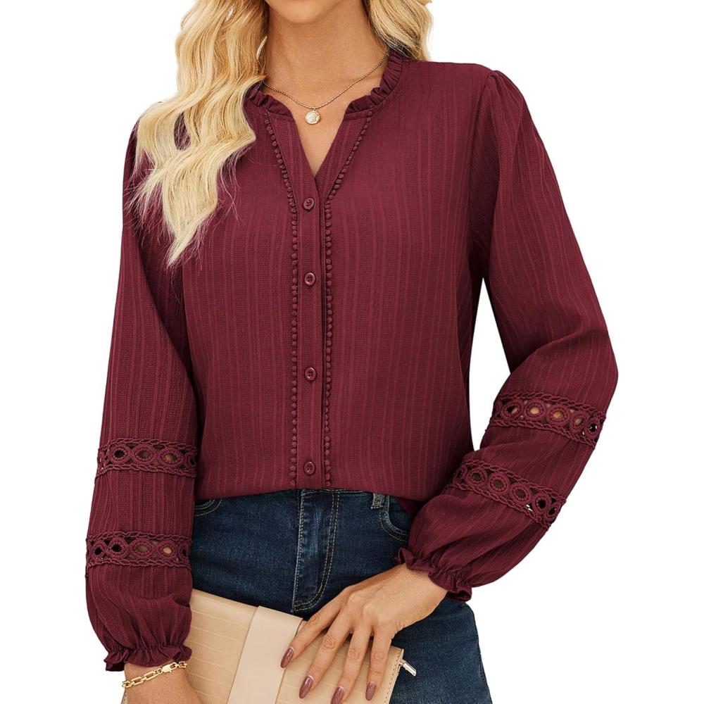 imageGRACE KARIN Women Dressy Casual TopsLong Sleeve Button Down Ruffle BlouseWork V Neck Shirt Summer Spring Business OutfitWine Red
