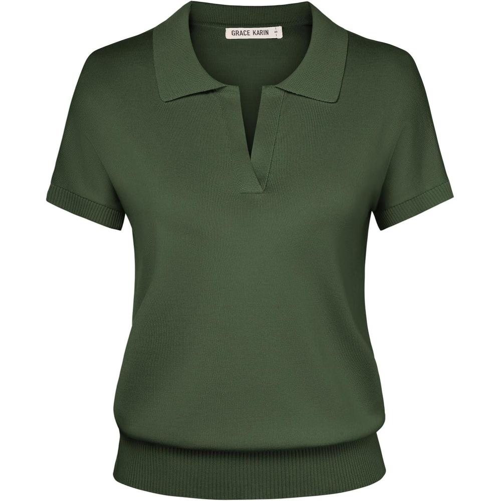 imageGRACE KARIN Women Short Sleeve Sweater Business Casual Knit Polo Shirt V Neck Collared Pullover TopsArmy Green