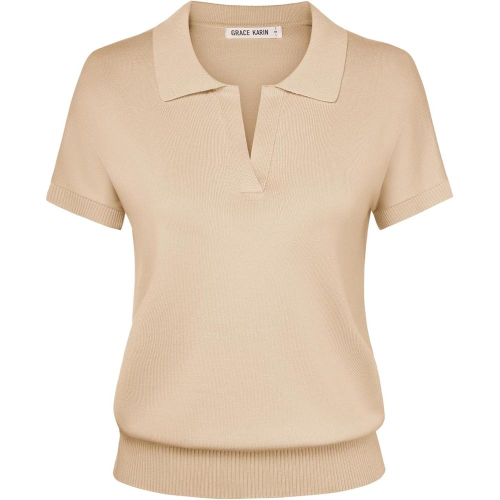 imageGRACE KARIN Women Short Sleeve Sweater Business Casual Knit Polo Shirt V Neck Collared Pullover TopsBeige