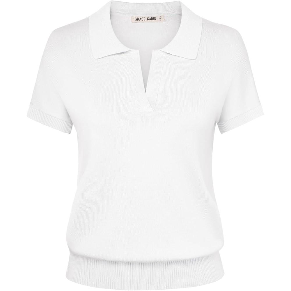 imageGRACE KARIN Women Short Sleeve Sweater Business Casual Knit Polo Shirt V Neck Collared Pullover TopsIvory White