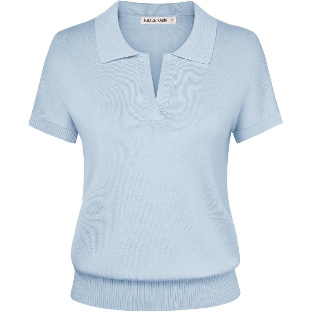 imageGRACE KARIN Women Short Sleeve Sweater Business Casual Knit Polo Shirt V Neck Collared Pullover TopsLight Blue