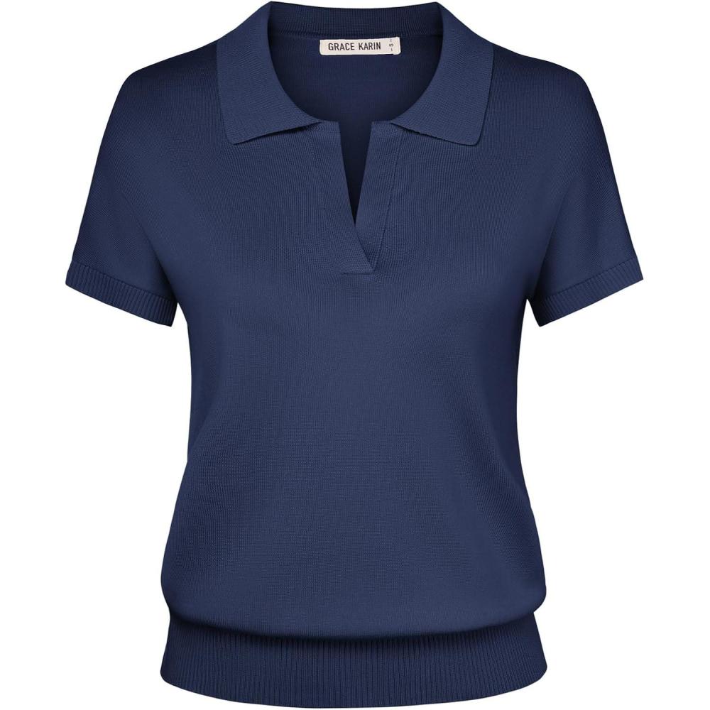 imageGRACE KARIN Women Short Sleeve Sweater Business Casual Knit Polo Shirt V Neck Collared Pullover TopsNavy Blue
