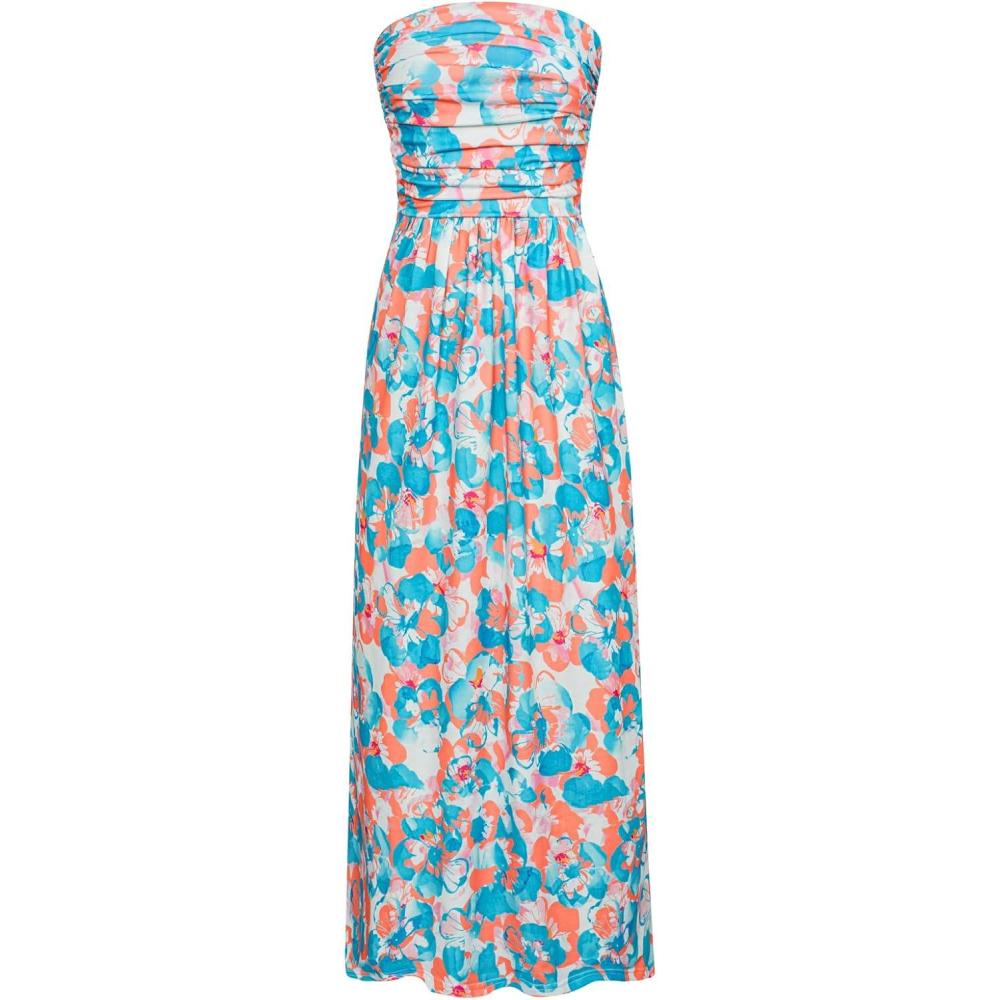imageGRACE KARIN Women Strapless Dress Casual Loose Ruched Long Maxi Dress with PocketsBlue Orange Flower