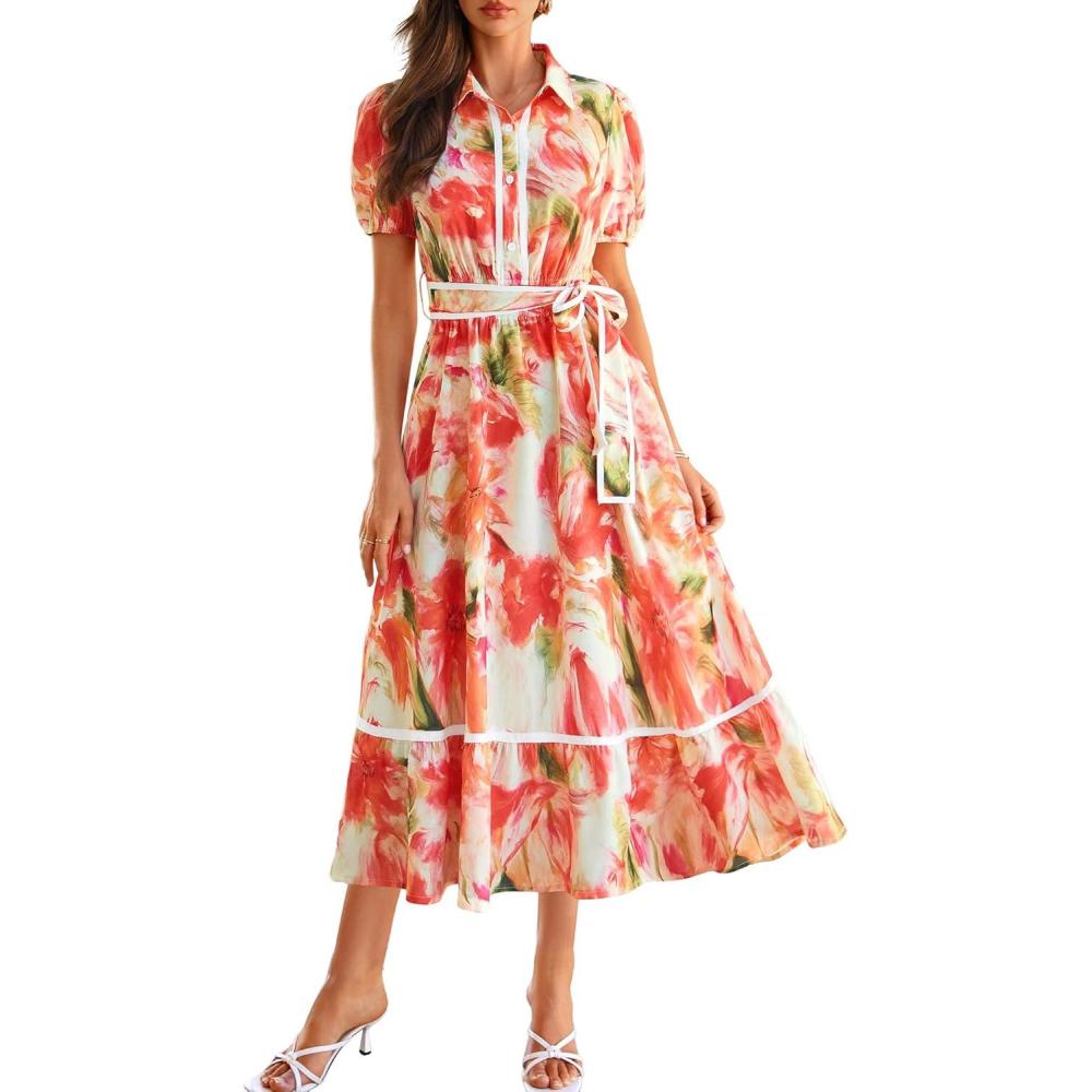 imageGRACE KARIN Women Summer Floral Maxi Dresses 2026 Wedding Guest Puff Sleeve Shirt Sundresses Boho Spring Clothes with PocketsOrange Floral