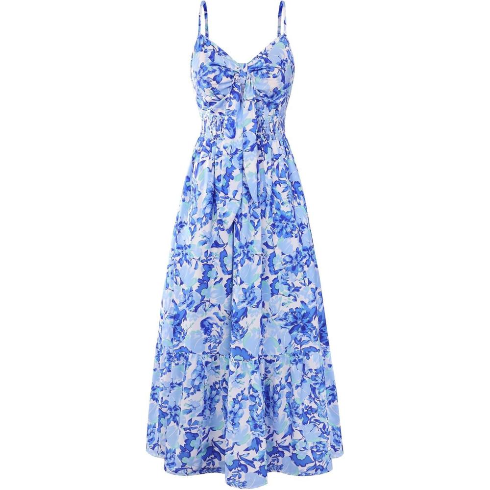 imageGRACE KARIN Womens 2026 Summer Maxi Dress Floral Tie Front Spaghetti Strap Casual Boho Beach Flowy Sundress with PocketsBlue Flower Vine