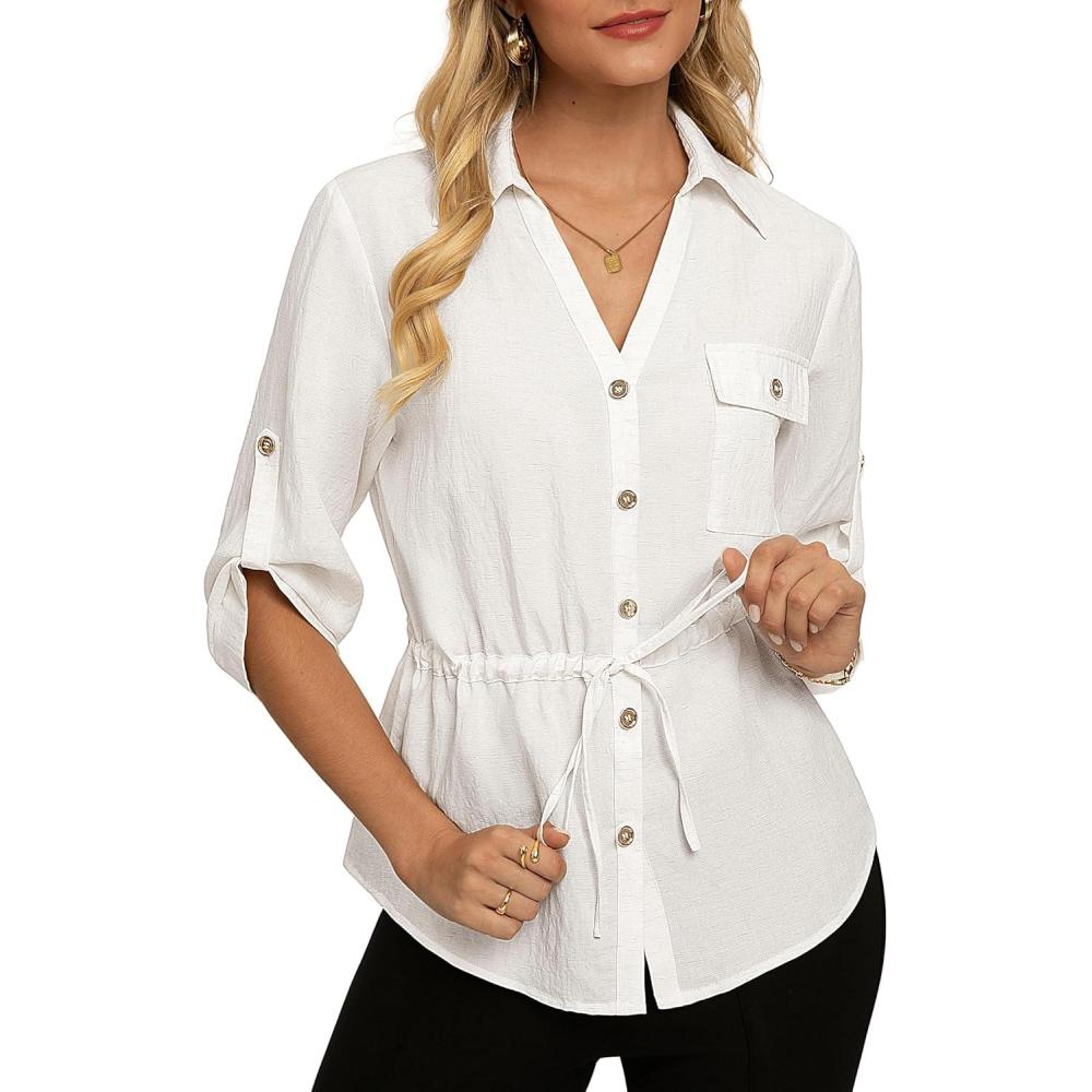 imageGRACE KARIN Womens Button Down Shirts 34 Sleeve Dressy Casual Outifts V Neck Peplum Tops with PocketsIvory