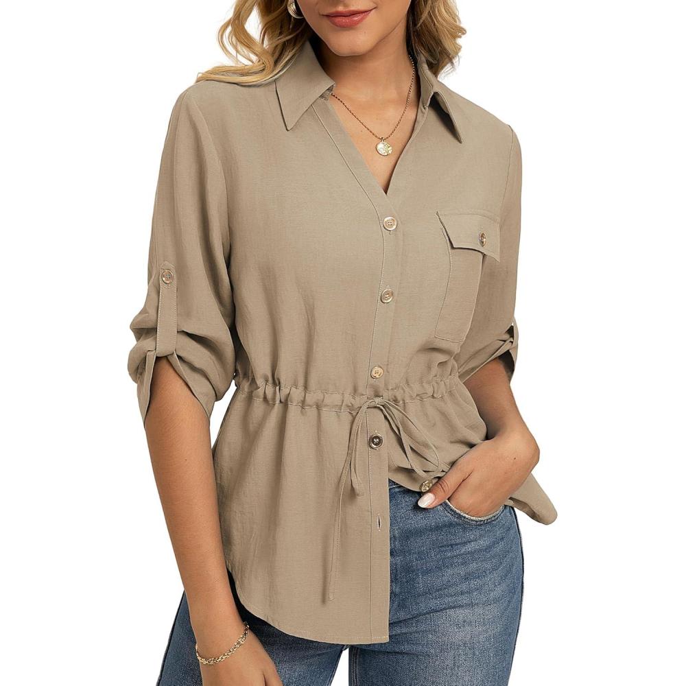 imageGRACE KARIN Womens Button Down Shirts 34 Sleeve Dressy Casual Outifts V Neck Peplum Tops with PocketsKhaki