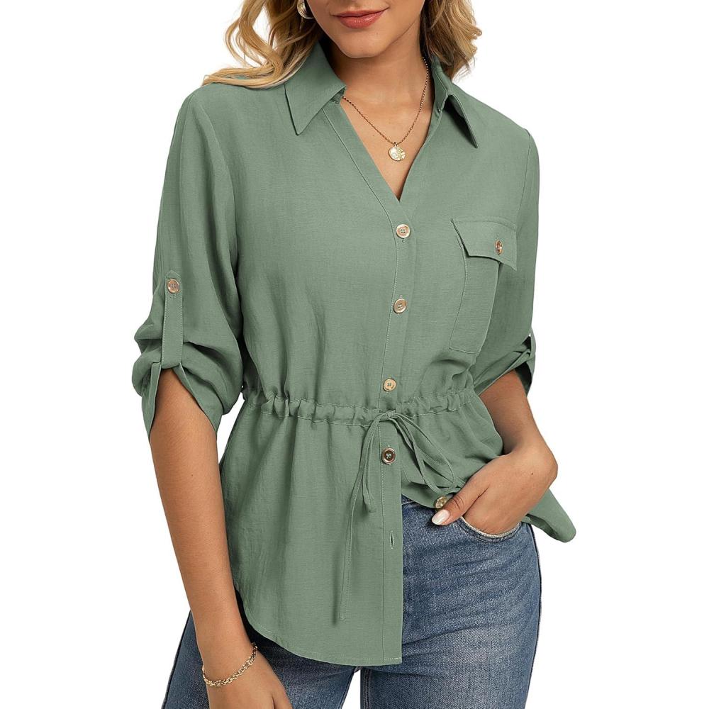 imageGRACE KARIN Womens Button Down Shirts 34 Sleeve Dressy Casual Outifts V Neck Peplum Tops with PocketsLight Green