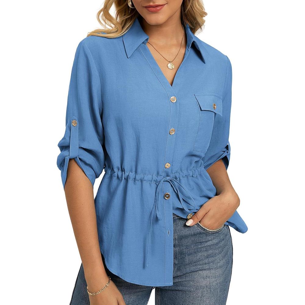 imageGRACE KARIN Womens Button Down Shirts 34 Sleeve Dressy Casual Outifts V Neck Peplum Tops with PocketsSky Blue