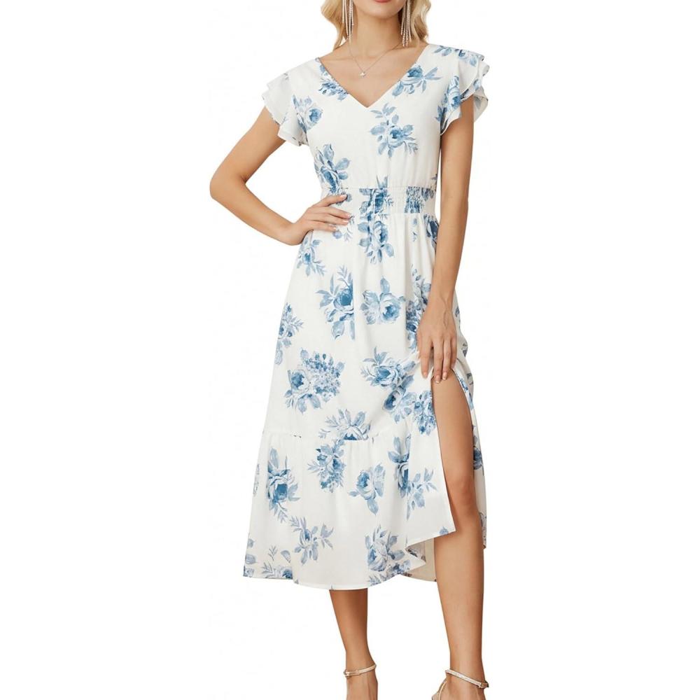 imageGRACE KARIN Womens Cocktail Dresses 2025 V Neck Ruffle Sleeve Dress ALine Midi Swing Wedding Guest SundressesBluefloral Print