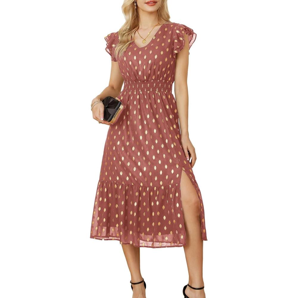 imageGRACE KARIN Womens Cocktail Dresses 2025 V Neck Ruffle Sleeve Dress ALine Midi Swing Wedding Guest SundressesLight Brick Redgold Dots