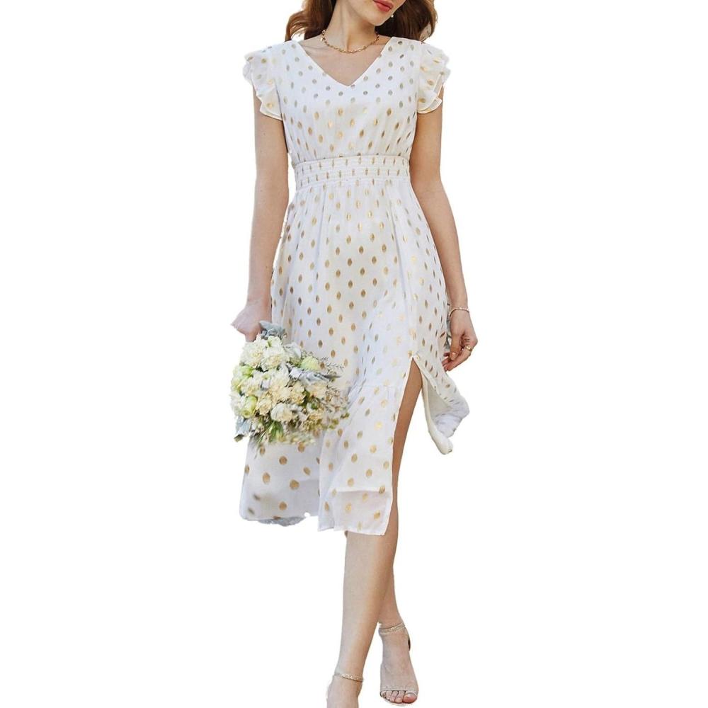 imageGRACE KARIN Womens Cocktail Dresses 2025 V Neck Ruffle Sleeve Dress ALine Midi Swing Wedding Guest SundressesWhitepolka Dot