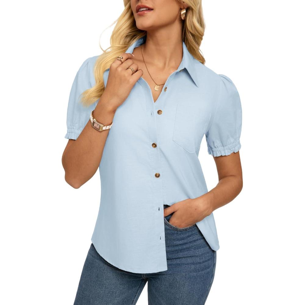 imageGRACE KARIN Womens Cotton Linen Blouse V Neck Puff Short Sleeve Button Down Work Summer TopsSky Blue