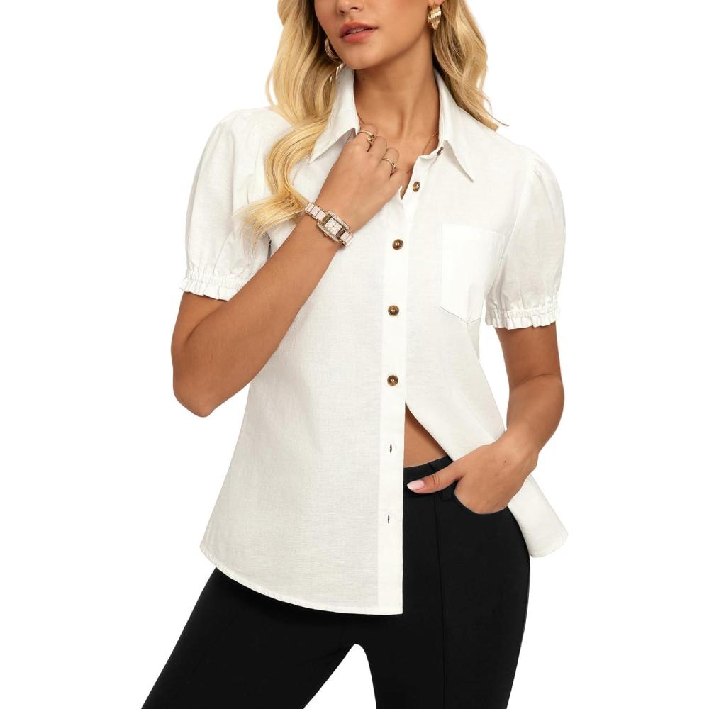 imageGRACE KARIN Womens Cotton Linen Blouse V Neck Puff Short Sleeve Button Down Work Summer TopsWhite
