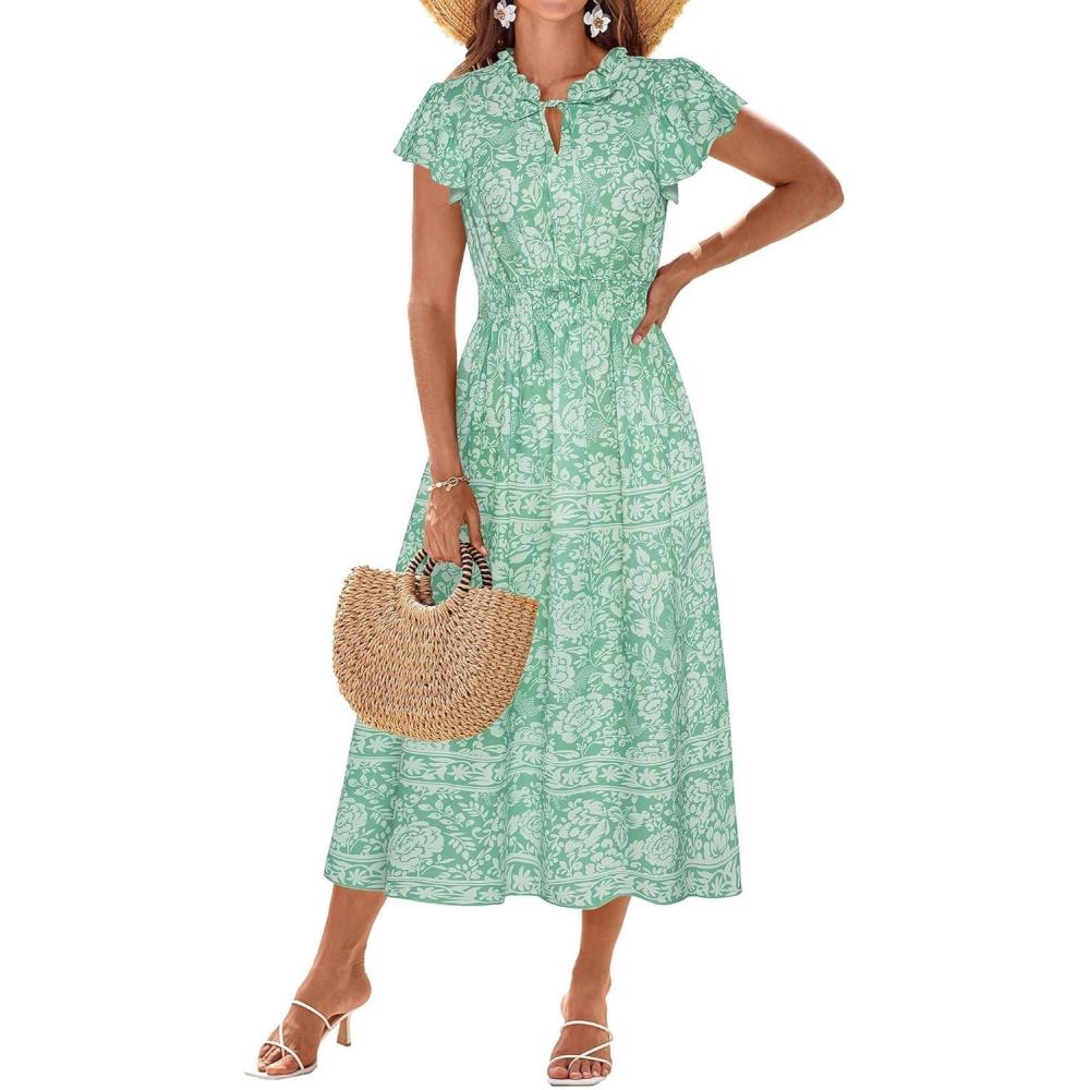 imageGRACE KARIN Womens Floral Boho Dress Hawaiian Dresse Short Sleeve V Neck Summer Beach Wedding Guest Swing Maxi SundressGreen White Floral