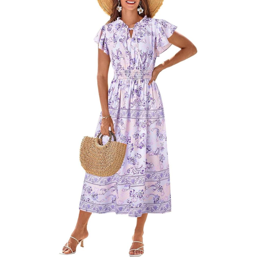 imageGRACE KARIN Womens Floral Boho Dress Hawaiian Dresse Short Sleeve V Neck Summer Beach Wedding Guest Swing Maxi SundressPurple Flowers