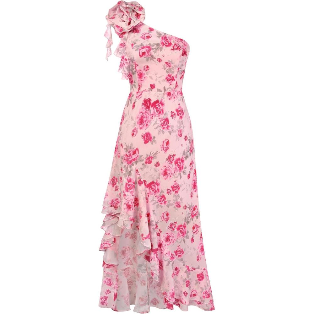 imageGRACE KARIN Womens Summer One Shoulder Sleeveless Dresses Floral Flowy Ruffle High Low Wedding Guest Maxi SundressesPink Red