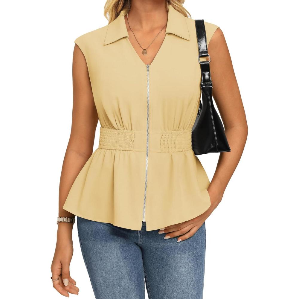 imageGRACE KARIN Womens Summer Sleeveless Tops DressyBusiness Casual Work Peplum BlousesZip V Neck Trendy Shirts Smocked WaistBeige