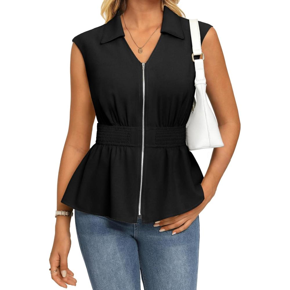imageGRACE KARIN Womens Summer Sleeveless Tops DressyBusiness Casual Work Peplum BlousesZip V Neck Trendy Shirts Smocked WaistBlack