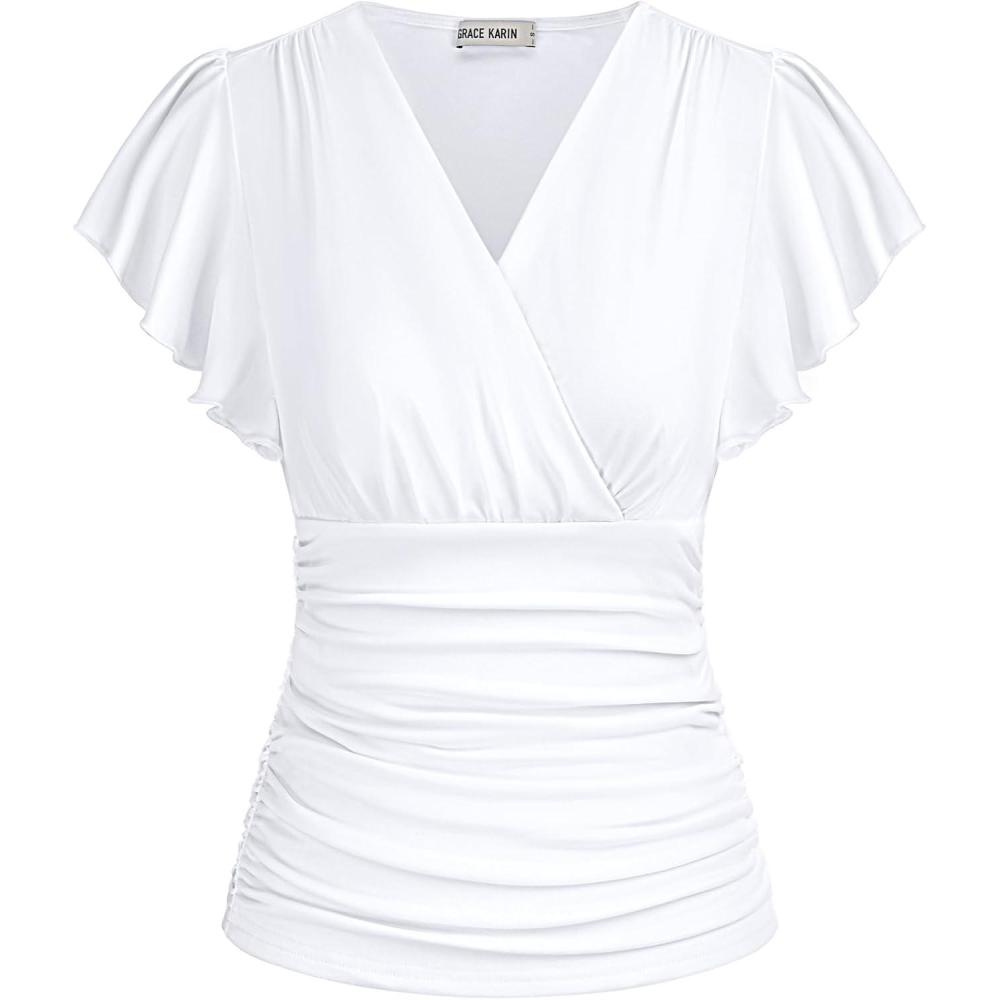 imageGRACE KARIN Womens Tops Dressy Casual 2026 Ruffle Sleeve Wrap Blouses V Neck Ruched Business Work Shirts White S