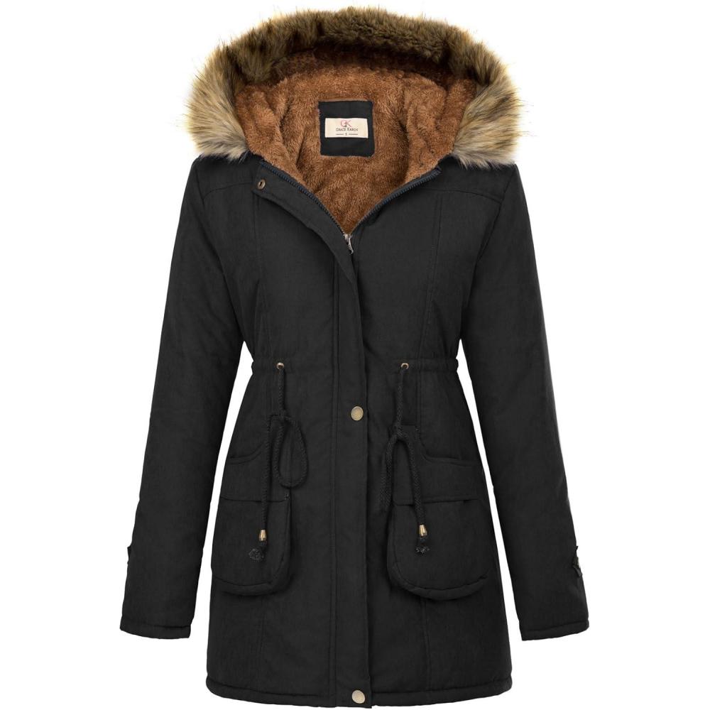 imageGRACE KARIN Womens Winter Coats Fleece Parkas Anoraks Hooded Military Jacket CoatsBlack