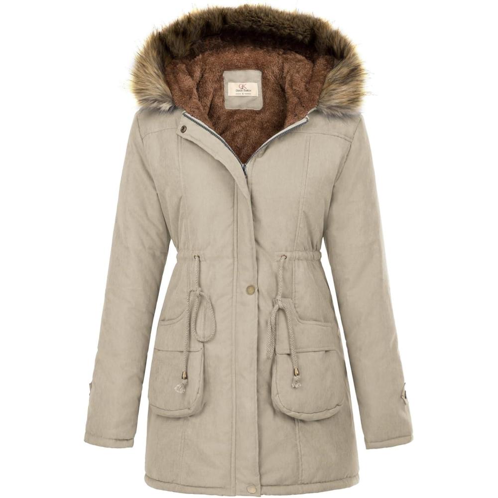imageGRACE KARIN Womens Winter Coats Fleece Parkas Anoraks Hooded Military Jacket CoatsGray Apricot