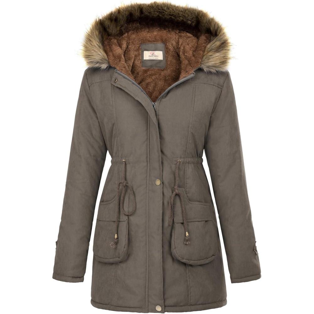 imageGRACE KARIN Womens Winter Coats Fleece Parkas Anoraks Hooded Military Jacket CoatsNutmeg